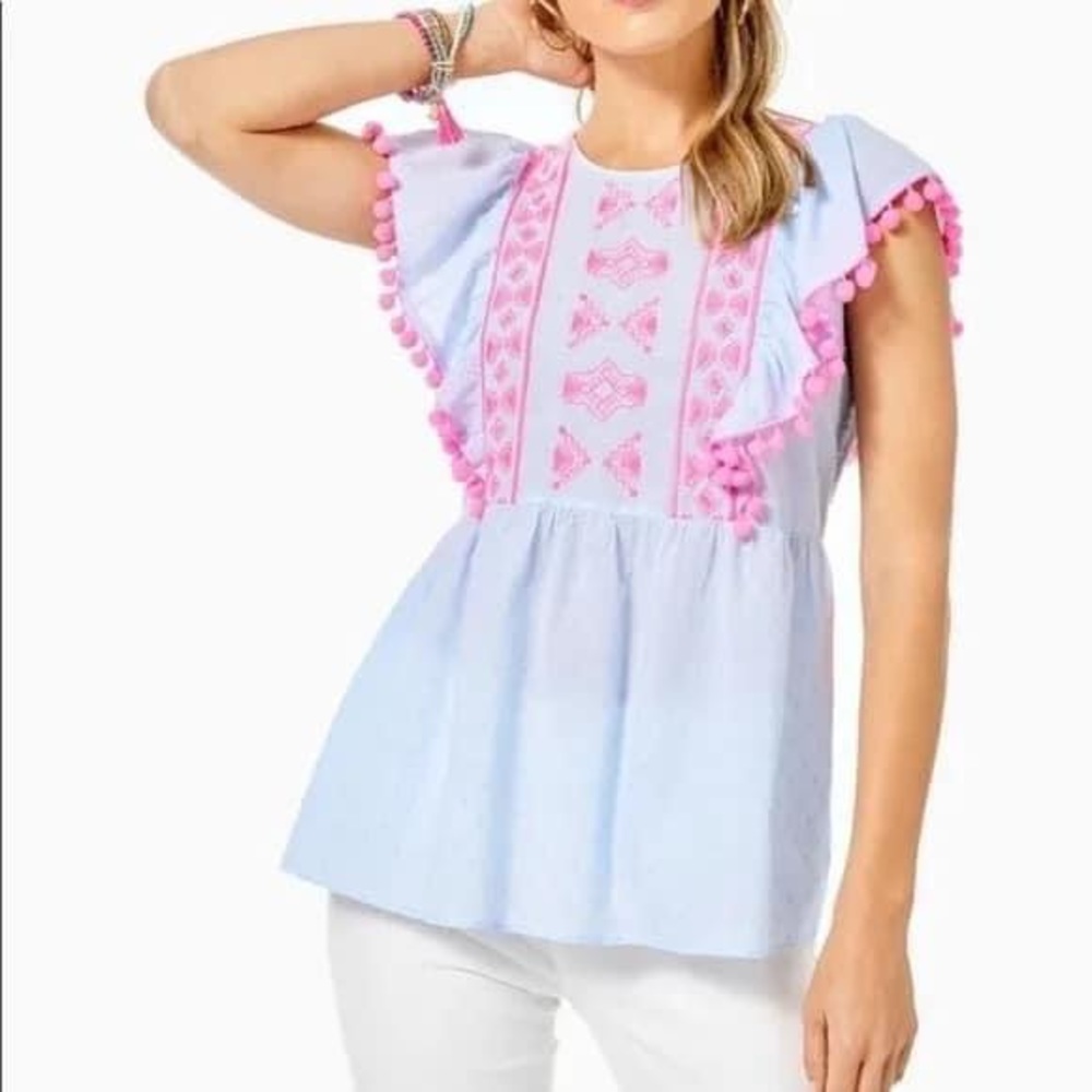 Lilly Pulitzer Raquelle top Swiss dot bluebell top with the cutest pink Pom poms